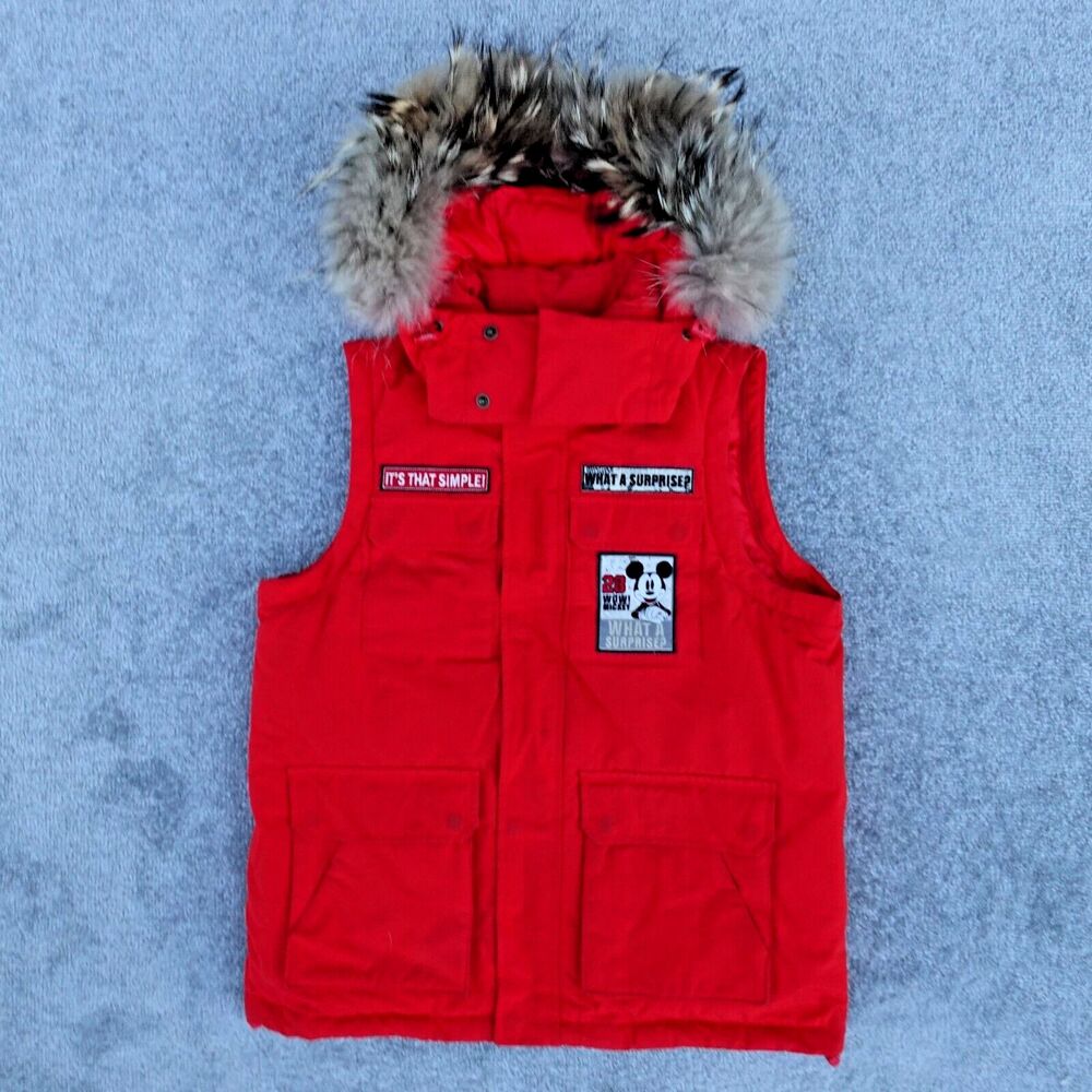 Disney Vest Womens M Red Zip on Hooded Whole Hauss Mickey Patch Insulated